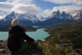 Chile patagonia torres del paine patagonia camp girl sitting view over massif